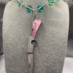 Handmade Pink Pocket Knife Green Shimmer Glass Necklace